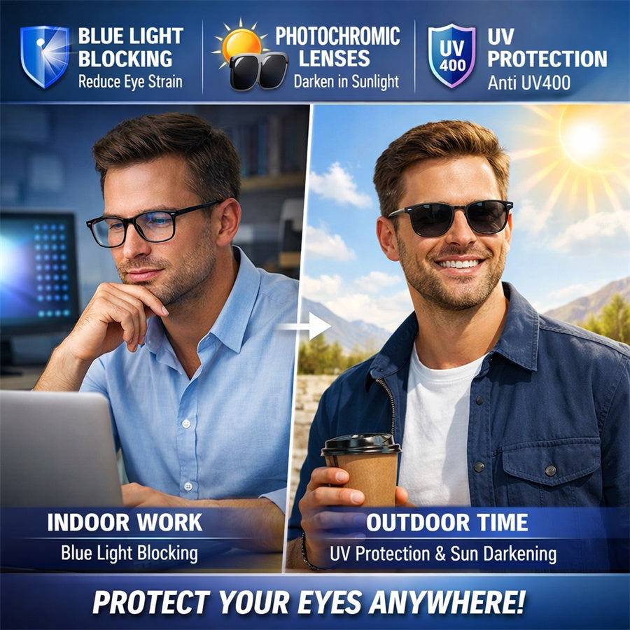 Men's Classic Small Rectangle Photochromic & Anti-Blue Light Glasses